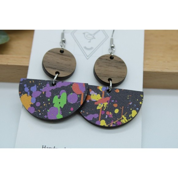 Wood Half Circle Splatter Paint Retro 80s Earrings - Picture 3 of 3